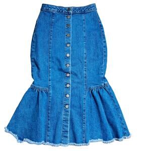 ASOS Jean Skirt 0 XS Womens Denim Flounce Button Front Midi Peplum Frayed Hem
